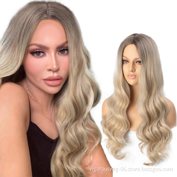 Ombre Black Blonde Hair For Wig Long Layered Synthetic Hair Wigs No Lace Long Water Wavy Hair Daily Use Wig